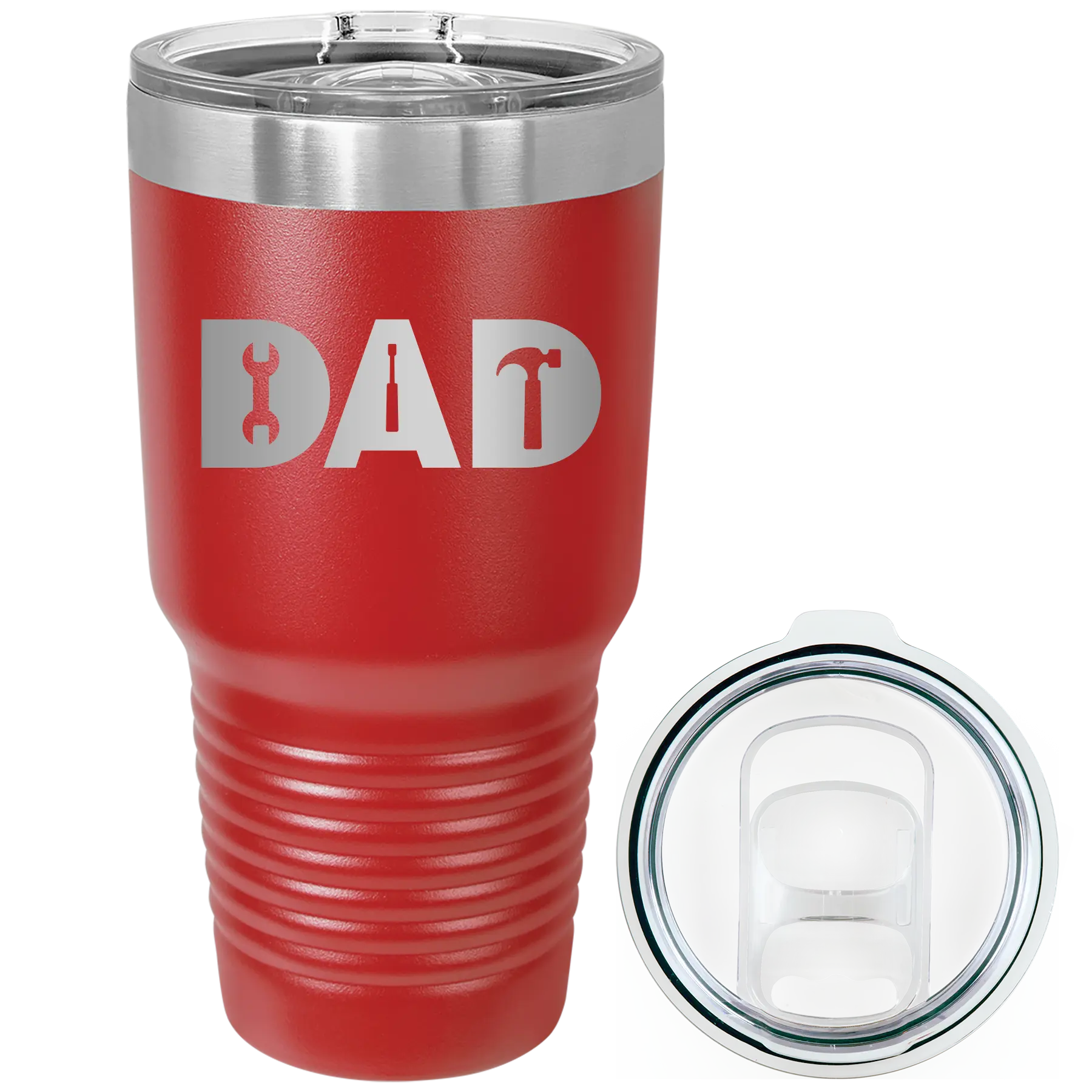 Laser etched red 30 oz vacuum insulated tumbler with 'Dad Tools' design