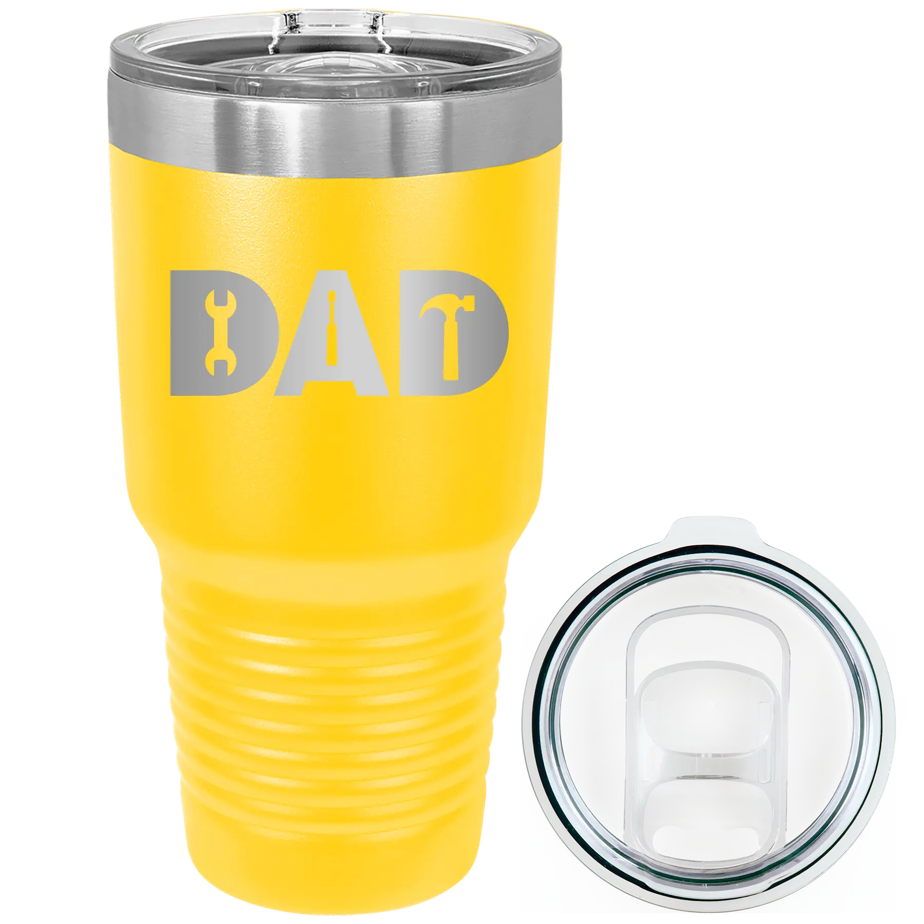 Laser etched yellow 30 oz vacuum insulated tumbler with 'Dad Tools' design