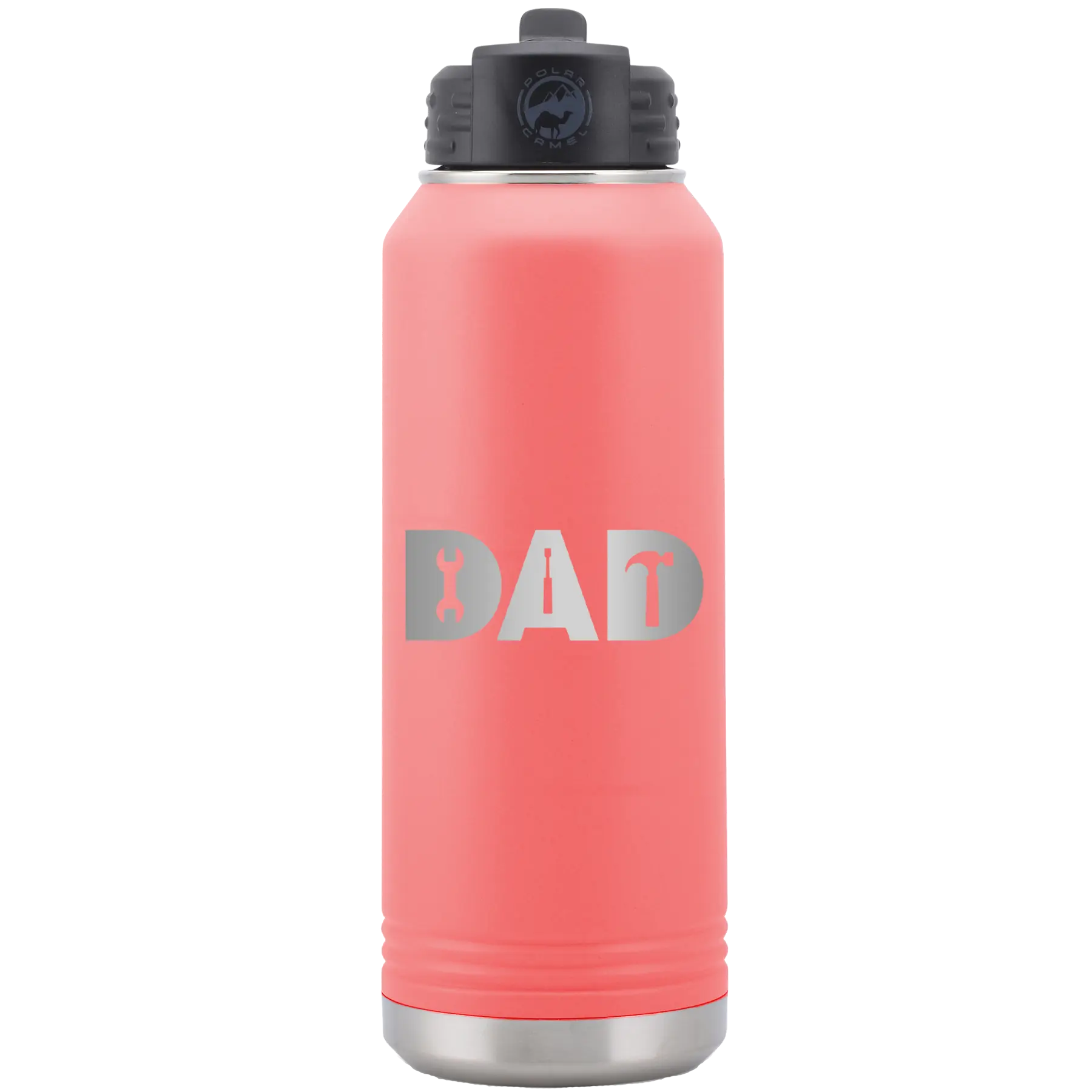 Laser etched coral 32 oz vacuum insulated water bottle with 'Dad Tools' design