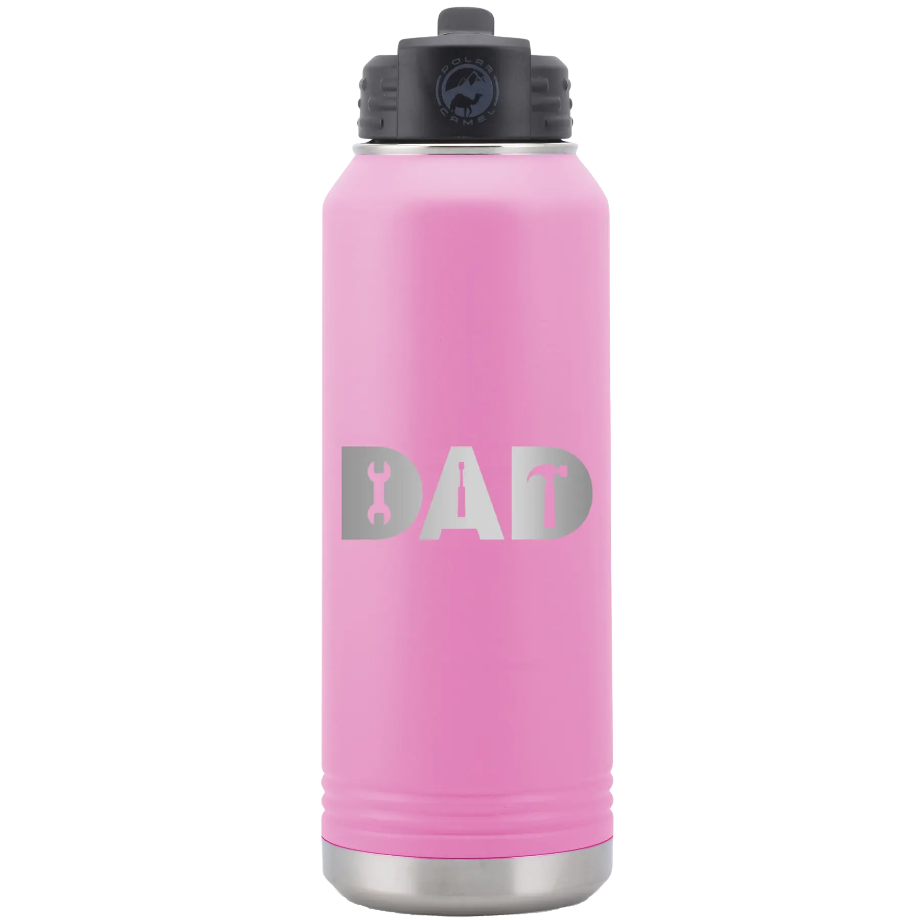 Laser etched light purple 32 oz vacuum insulated water bottle with 'Dad Tools' design