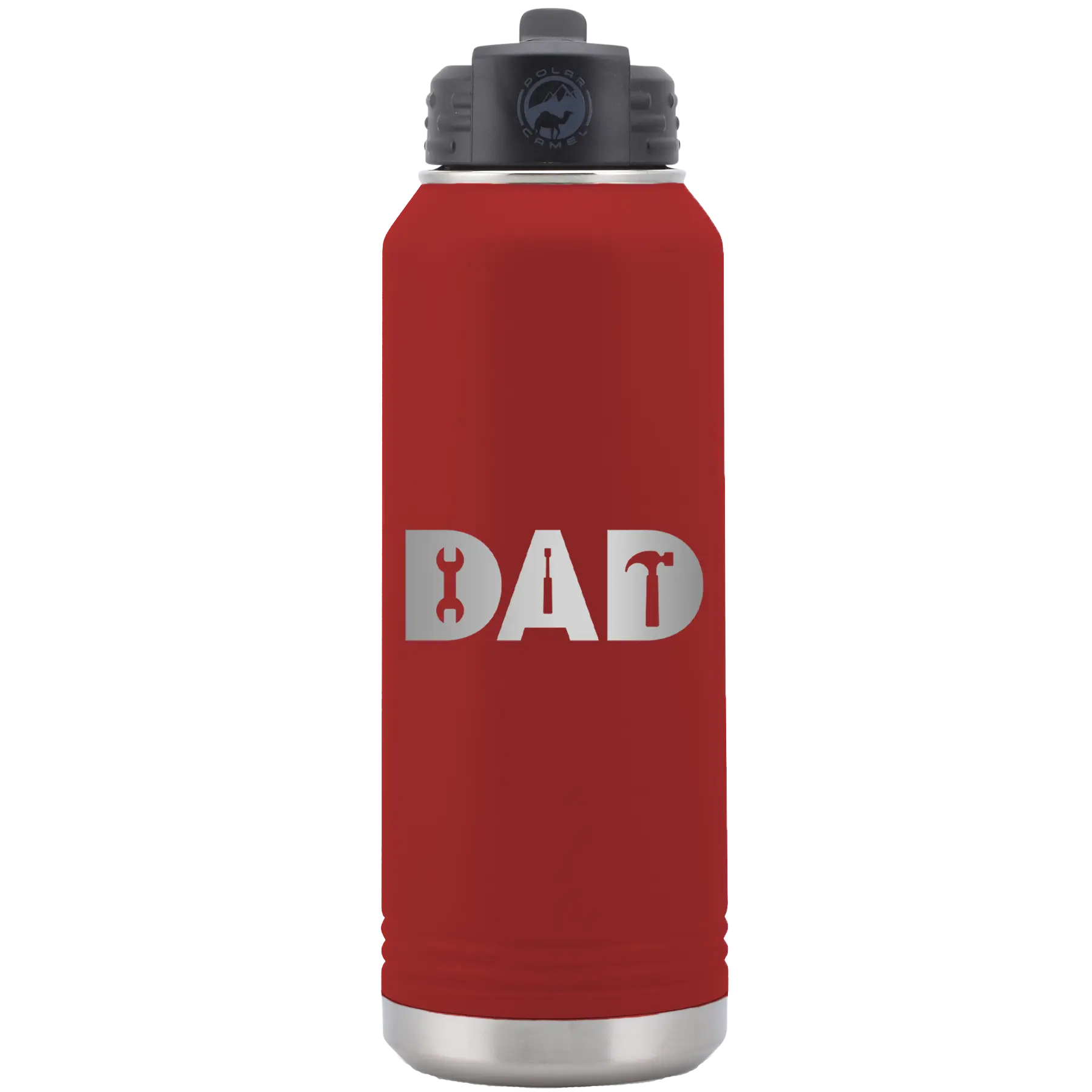 Laser etched maroon 32 oz vacuum insulated water bottle with 'Dad Tools' design