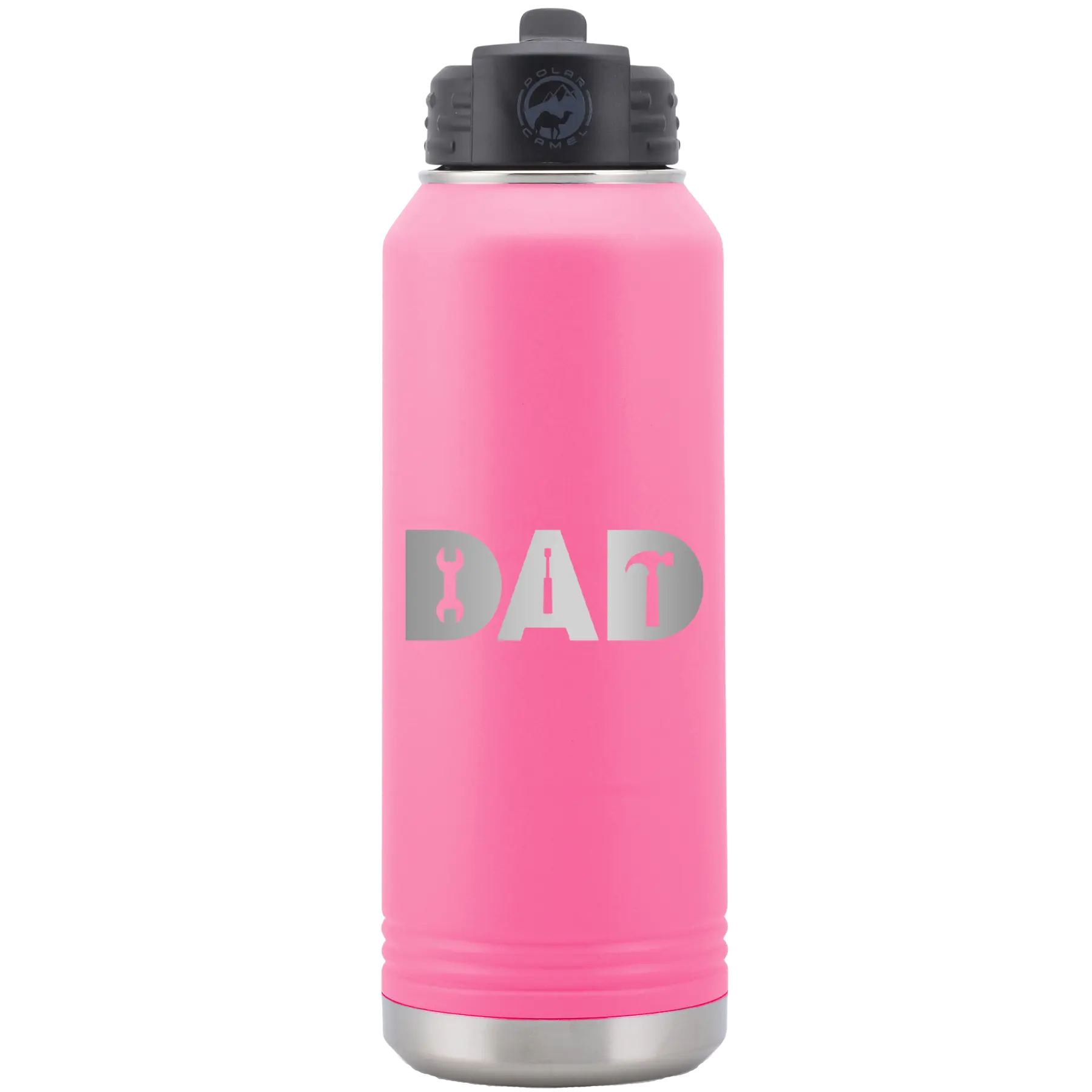 Laser etched pink 32 oz vacuum insulated water bottle with 'Dad Tools' design