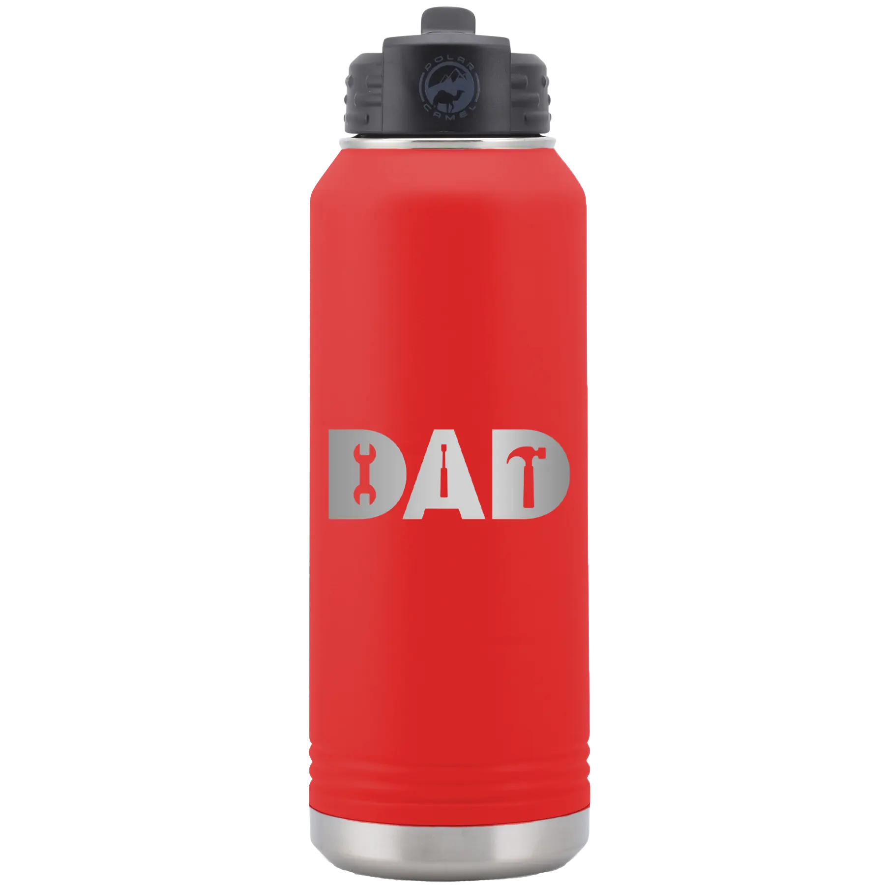 Laser etched red 32 oz vacuum insulated water bottle with 'Dad Tools' design
