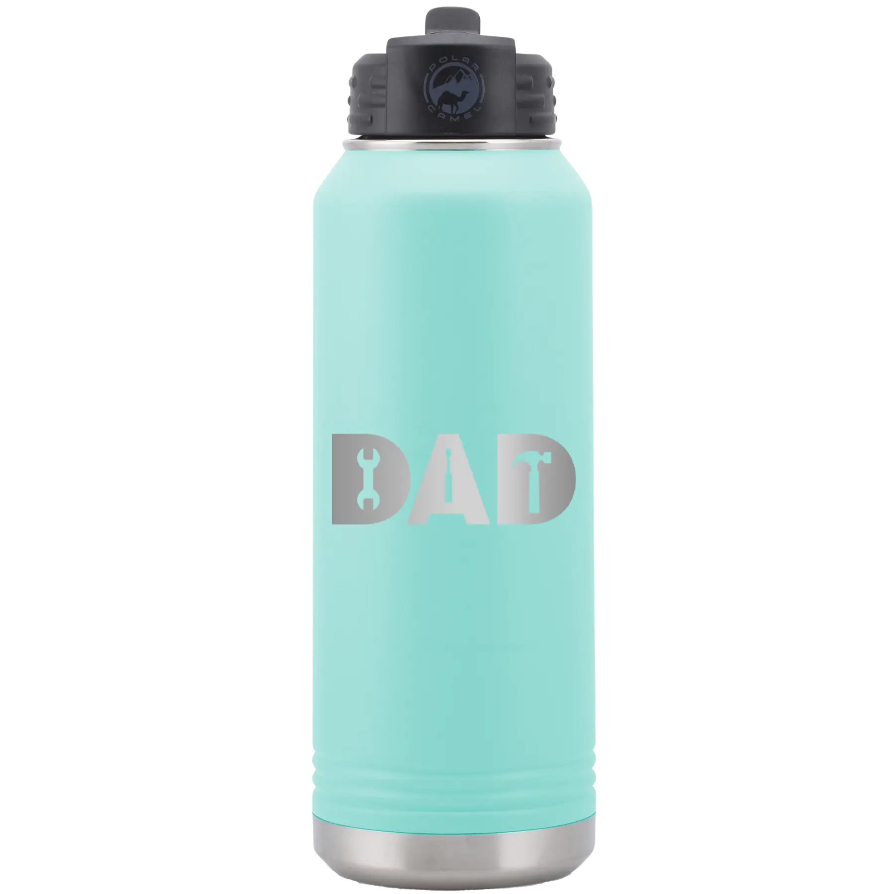 Laser etched teal 32 oz vacuum insulated water bottle with 'Dad Tools' design