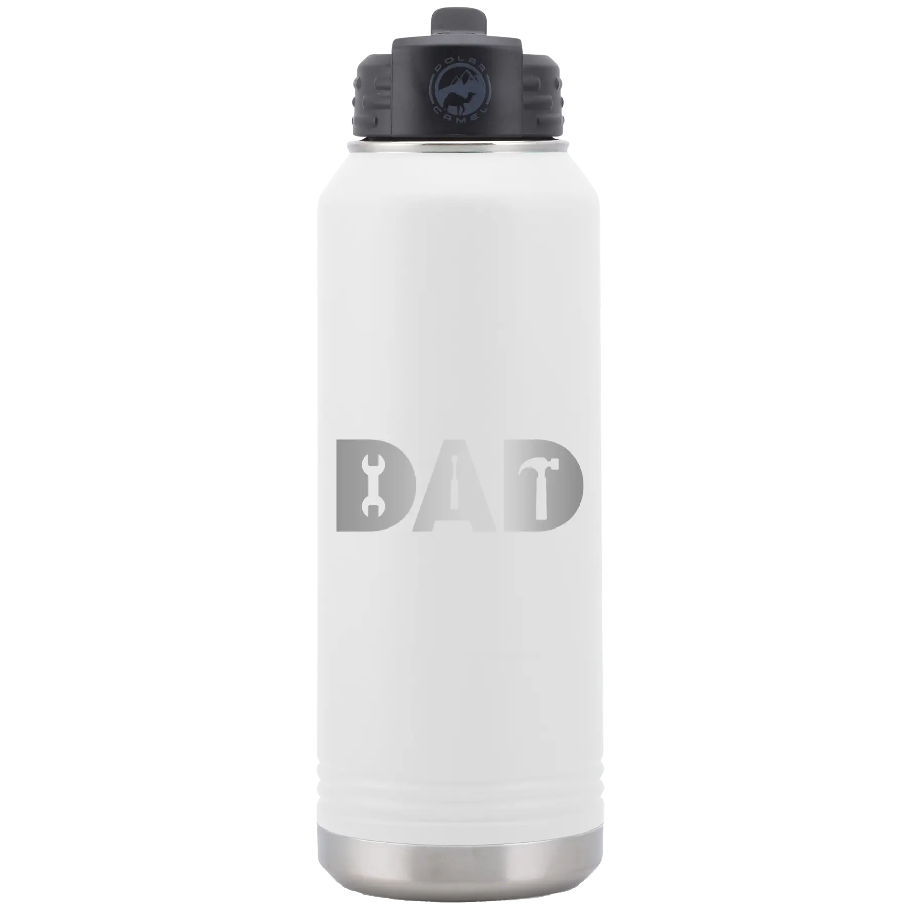 Laser etched white 32 oz vacuum insulated water bottle with 'Dad Tools' design
