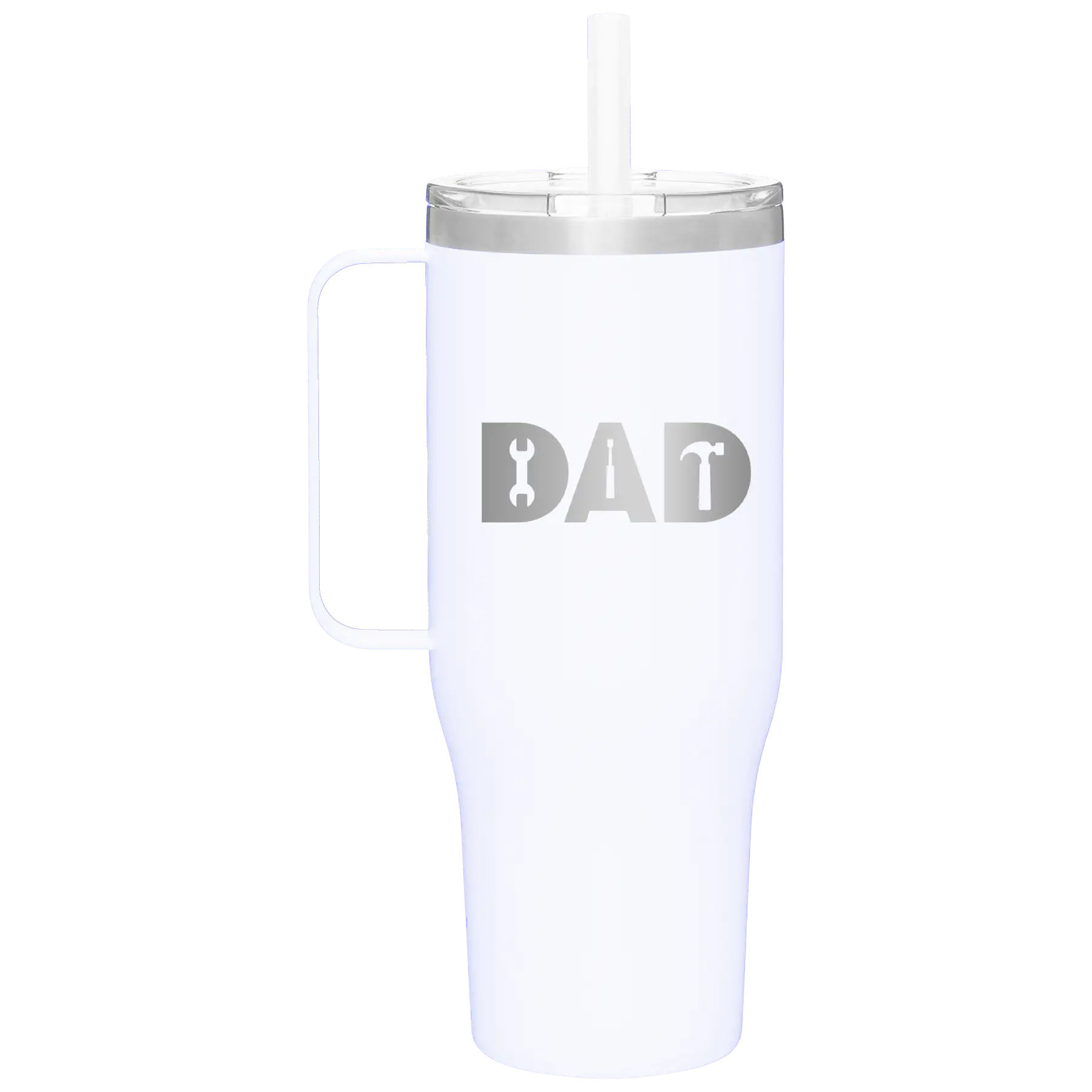 Personalized white 40 oz vacuum insulated tumbler mug with 'Dad Tools' design