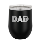 Personalized black 12 oz vacuum insulated wine cup with etched 'Dad Tools' design