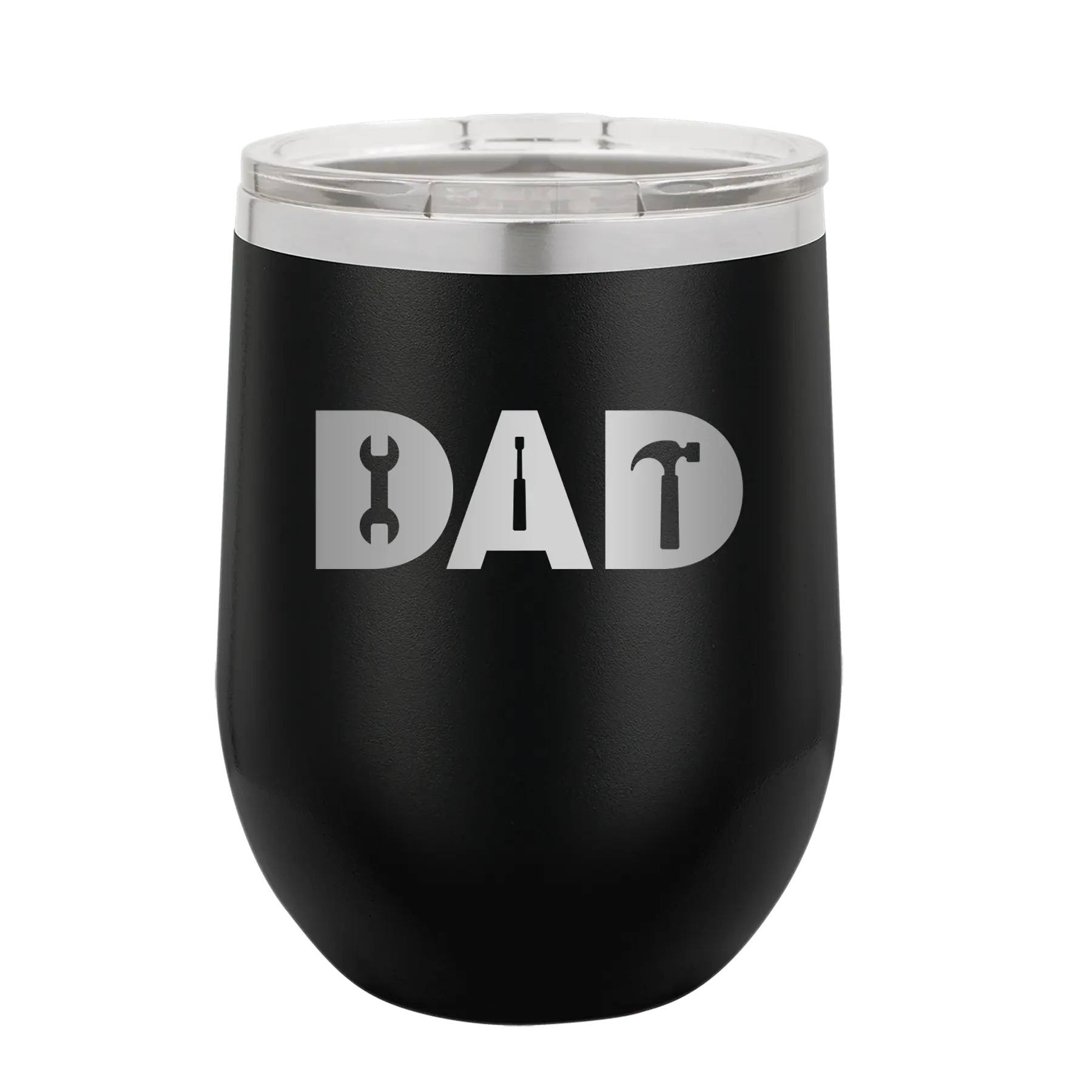 Personalized black 12 oz vacuum insulated wine cup with etched 'Dad Tools' design