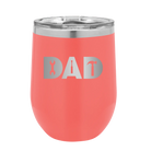 Personalized coral 12 oz vacuum insulated wine cup with etched 'Dad Tools' design