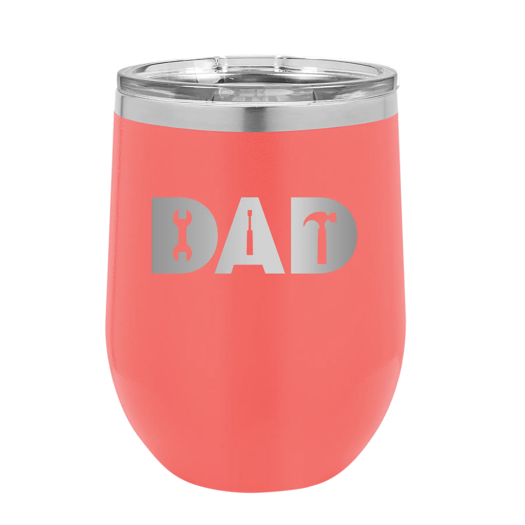 Personalized coral 12 oz vacuum insulated wine cup with etched 'Dad Tools' design