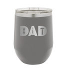 Personalized dark gray 12 oz vacuum insulated wine cup with etched 'Dad Tools' design