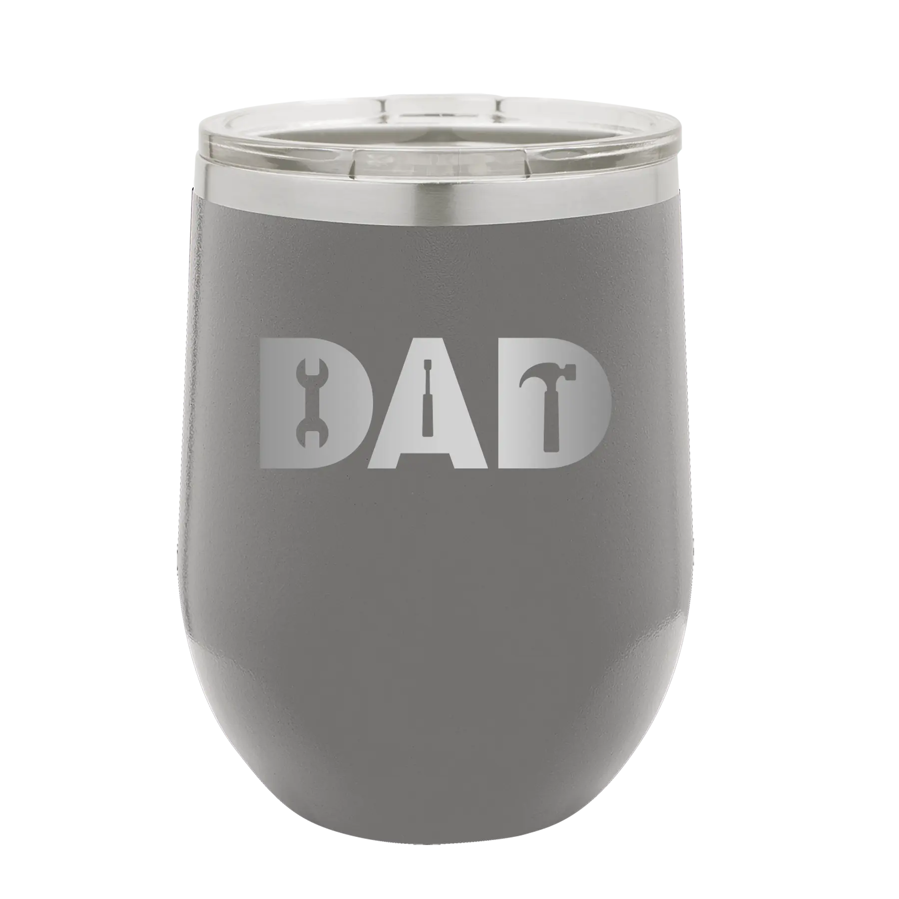 Personalized dark gray 12 oz vacuum insulated wine cup with etched 'Dad Tools' design