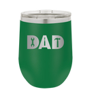 Personalized green 12 oz vacuum insulated wine cup with etched 'Dad Tools' design
