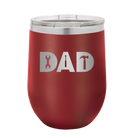 Personalized maroon 12 oz vacuum insulated wine cup with etched 'Dad Tools' design