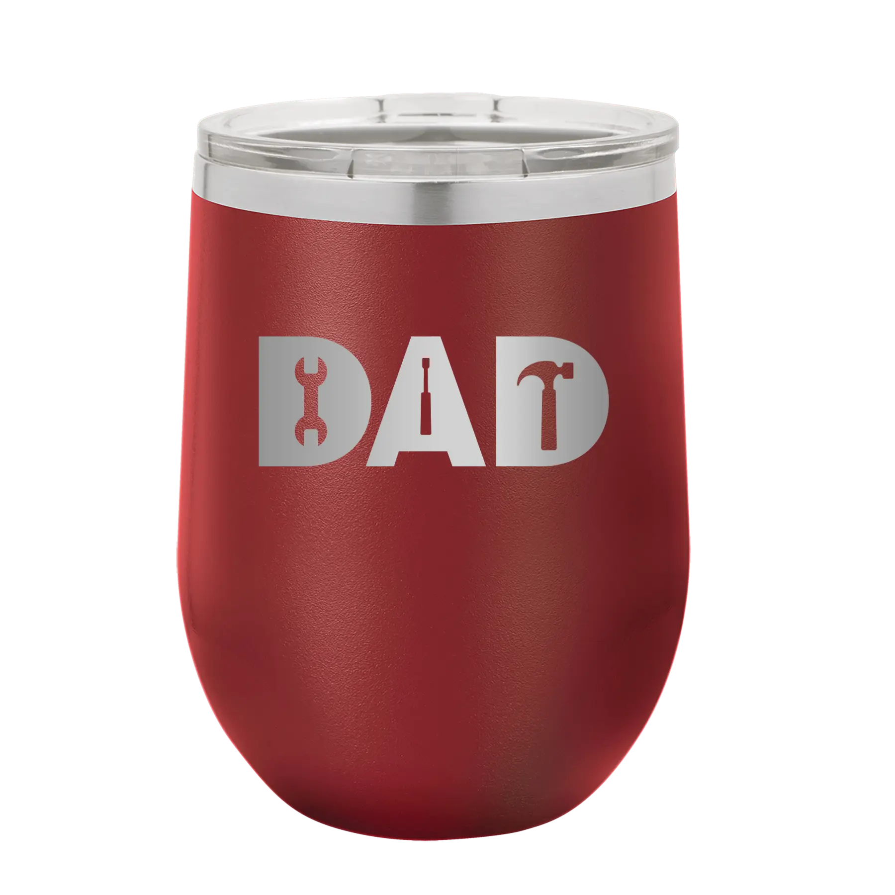 Personalized maroon 12 oz vacuum insulated wine cup with etched 'Dad Tools' design