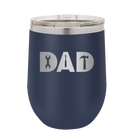 Personalized navy 12 oz vacuum insulated wine cup with etched 'Dad Tools' design