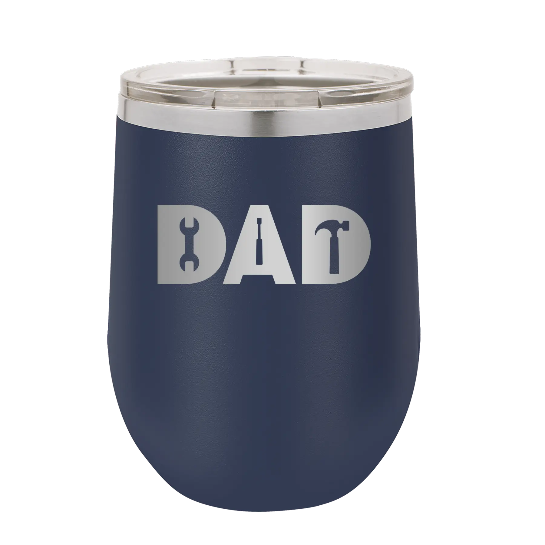 Personalized navy 12 oz vacuum insulated wine cup with etched 'Dad Tools' design