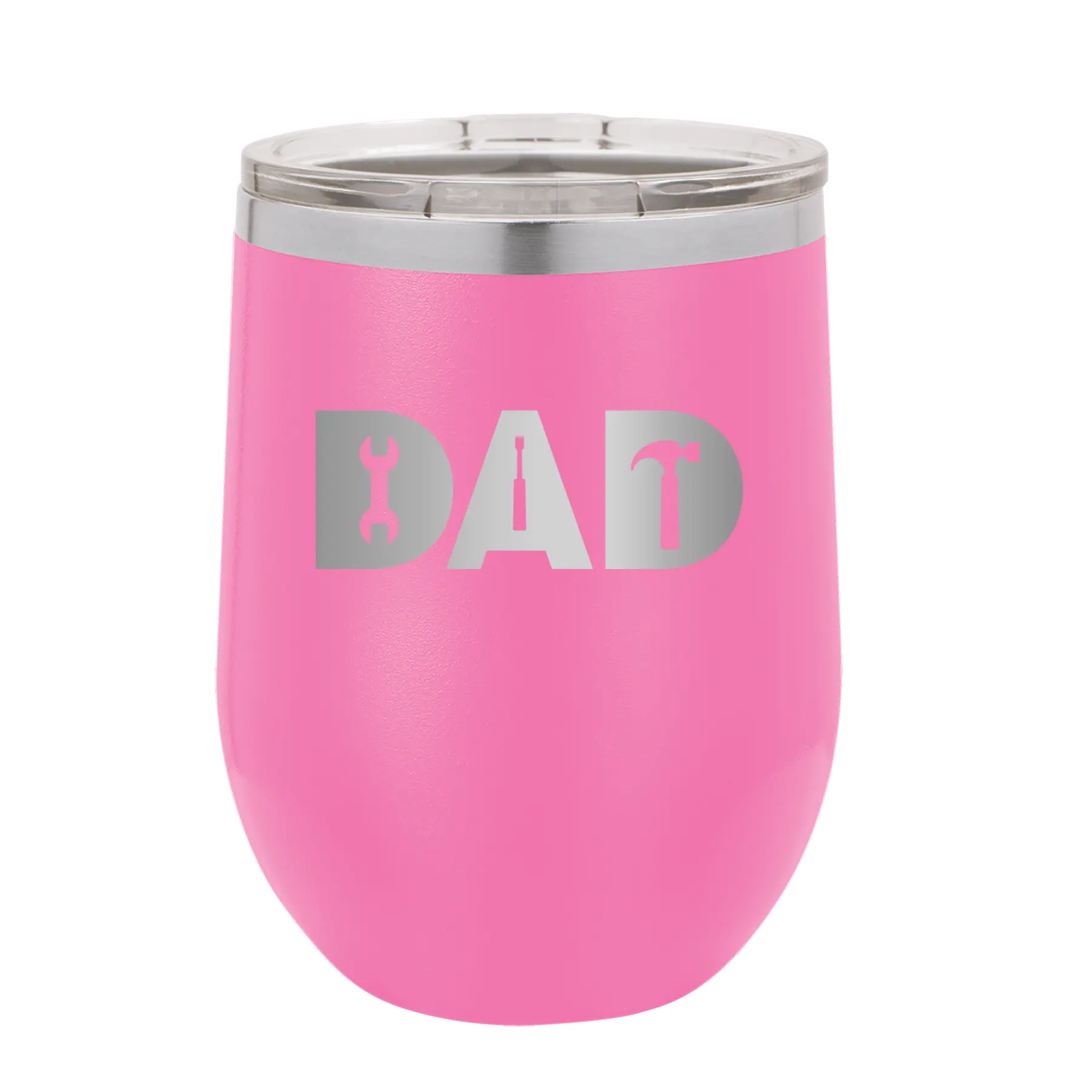Personalized pink 12 oz vacuum insulated wine cup with etched 'Dad Tools' design