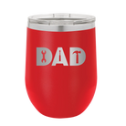 Personalized red 12 oz vacuum insulated wine cup with etched 'Dad Tools' design