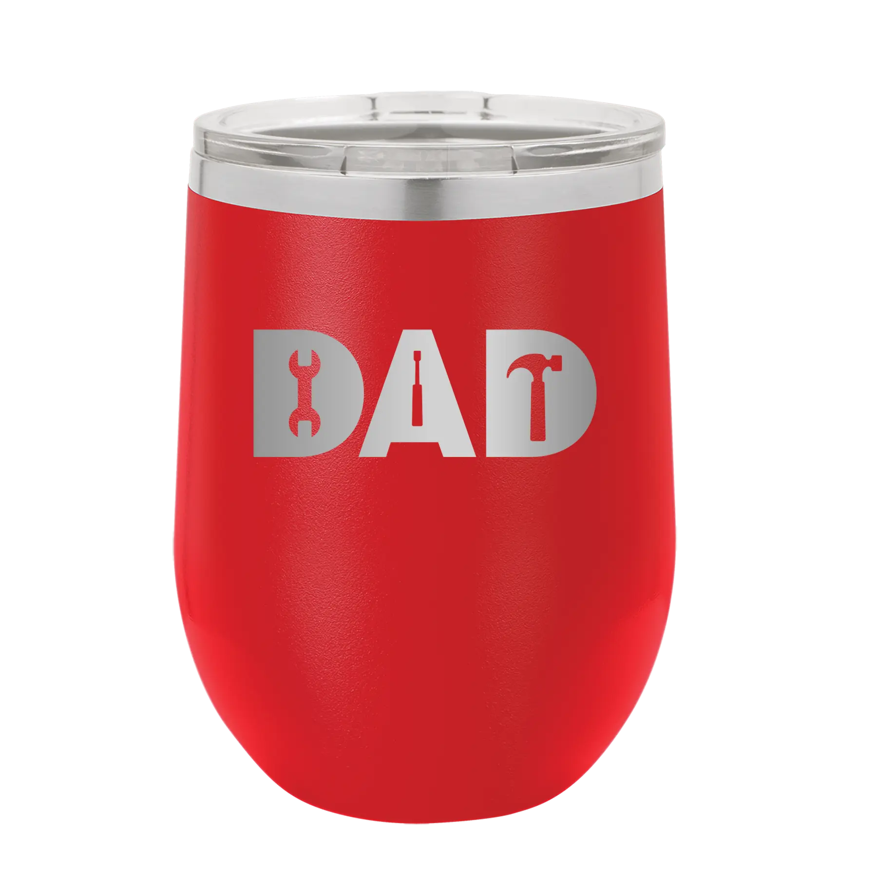 Personalized red 12 oz vacuum insulated wine cup with etched 'Dad Tools' design