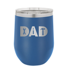 Personalized royal blue 12 oz vacuum insulated wine cup with etched 'Dad Tools' design