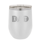 Personalized white 12 oz vacuum insulated wine cup with etched 'Dad Tools' design