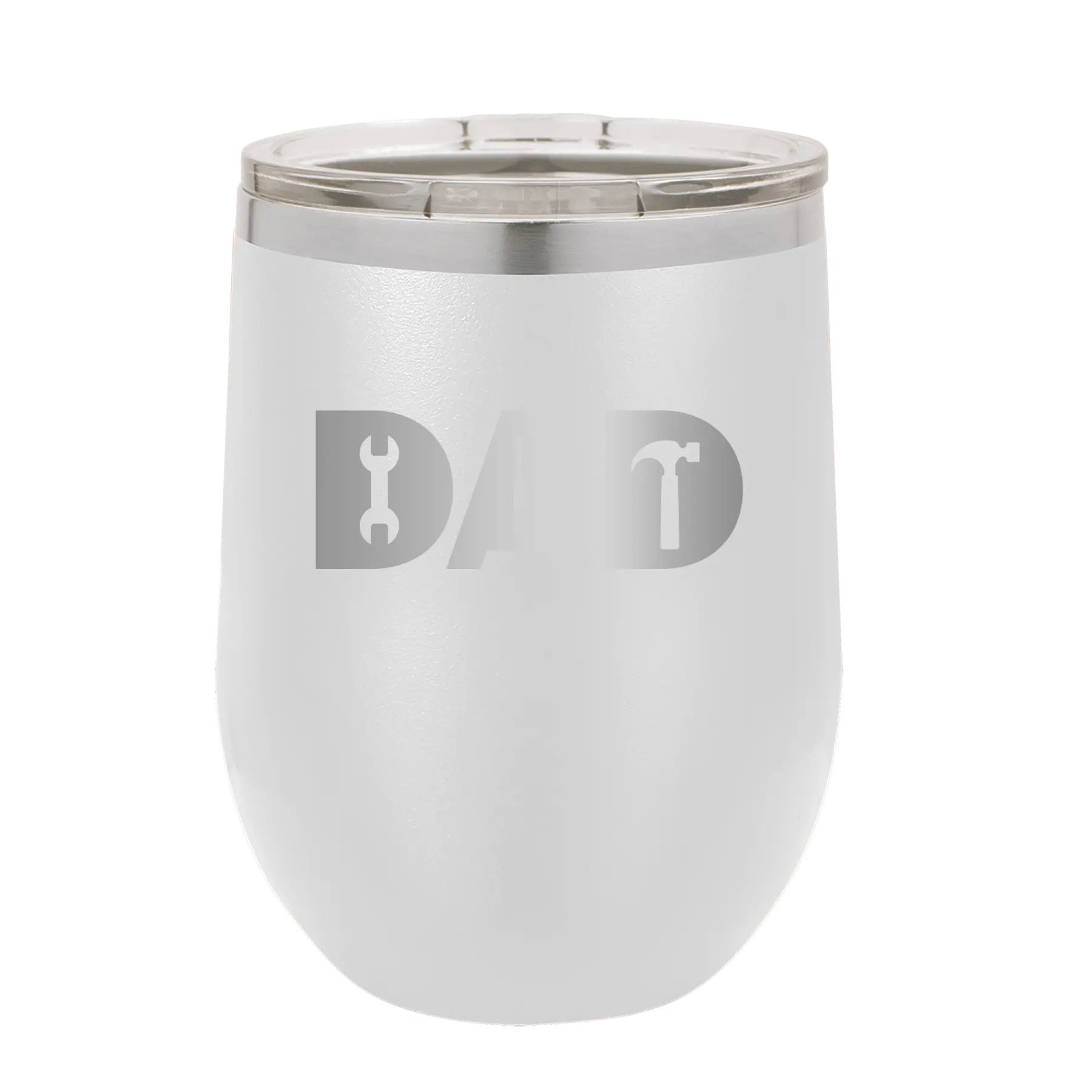 Personalized white 12 oz vacuum insulated wine cup with etched 'Dad Tools' design