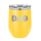 Personalized yellow 12 oz vacuum insulated wine cup with etched 'Dad Tools' design