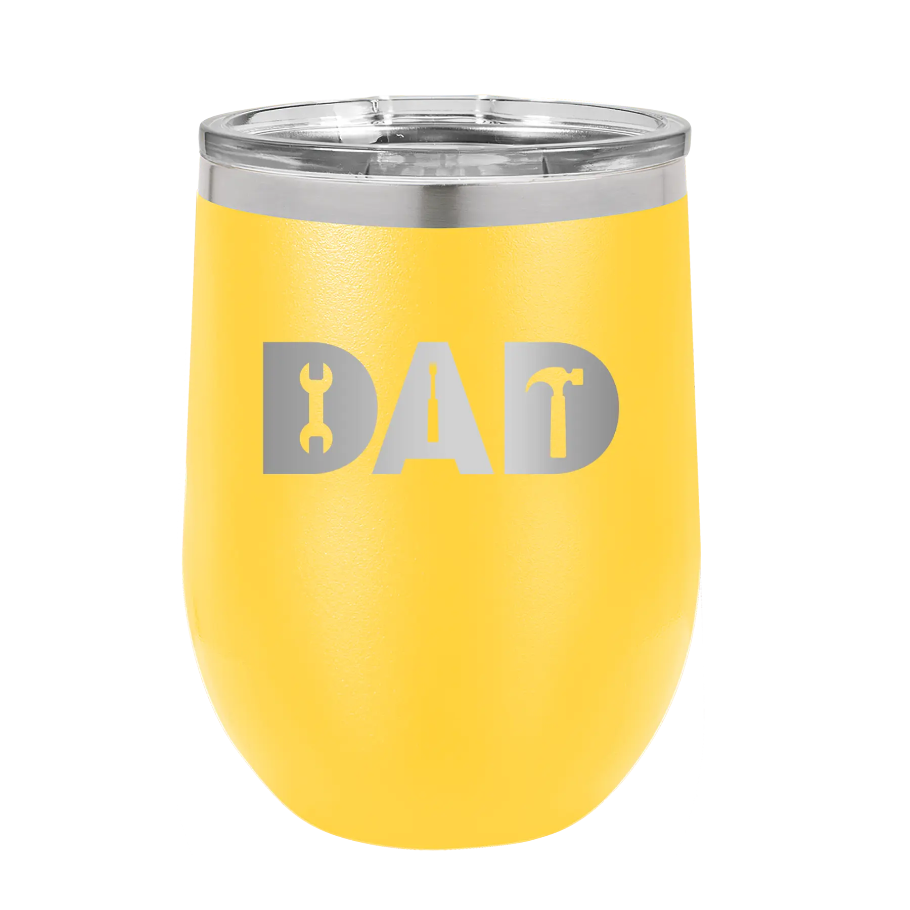 Personalized yellow 12 oz vacuum insulated wine cup with etched 'Dad Tools' design