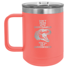 Personalized coral 15 oz vacuum insulated coffee mug with etched 'Daddysaurus' design