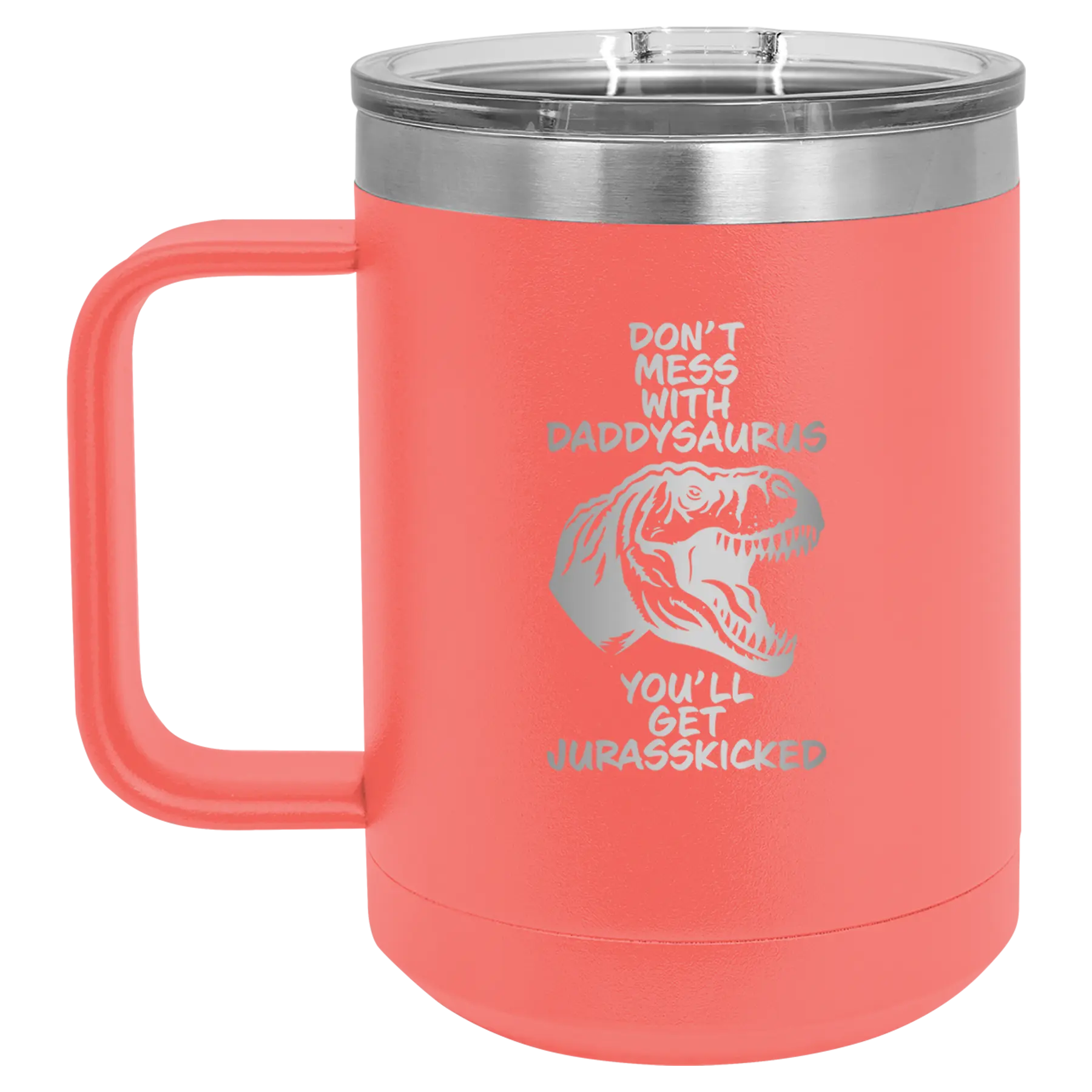 Personalized coral 15 oz vacuum insulated coffee mug with etched 'Daddysaurus' design