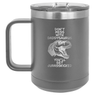 Personalized dark gray 15 oz vacuum insulated coffee mug with etched 'Daddysaurus' design