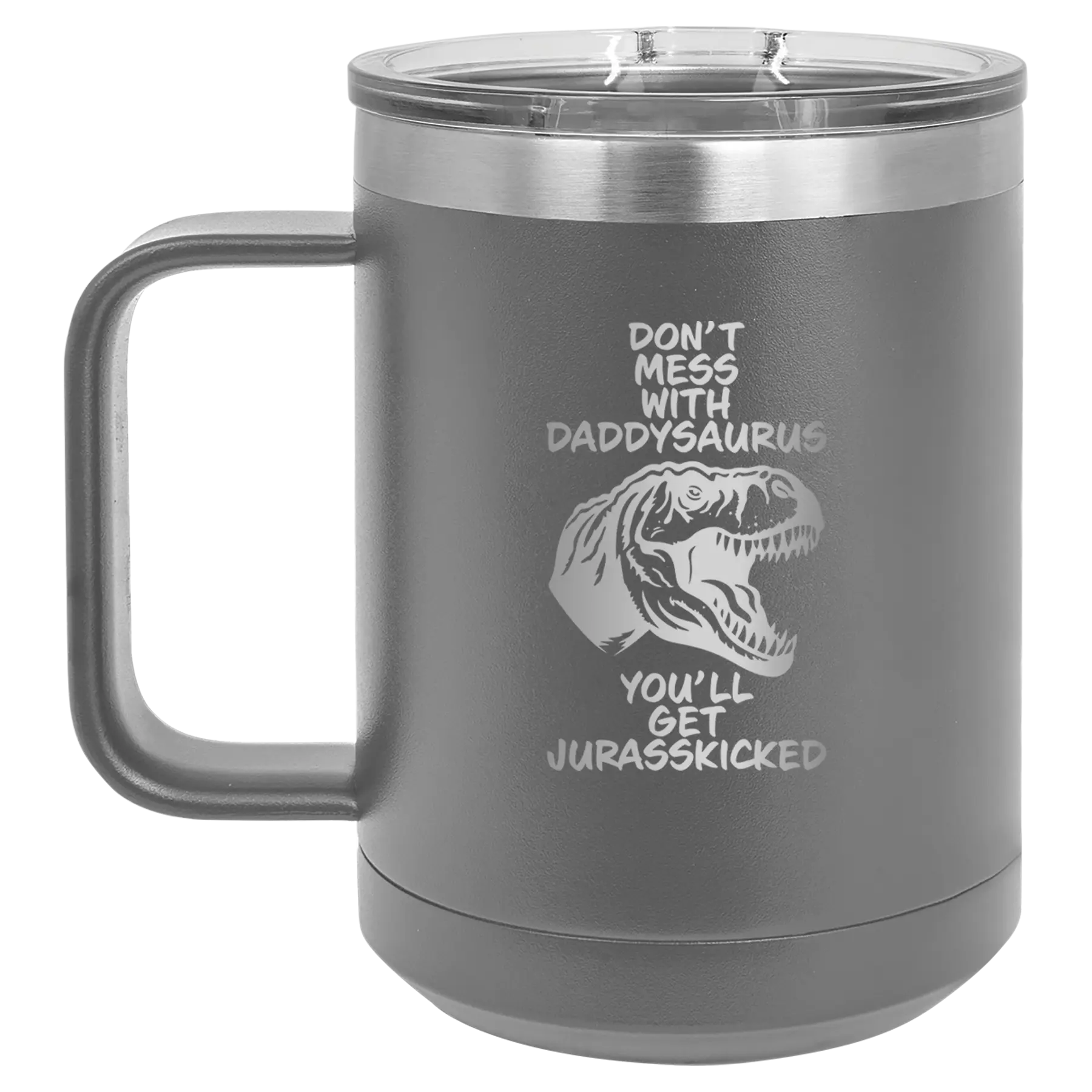 Personalized dark gray 15 oz vacuum insulated coffee mug with etched 'Daddysaurus' design
