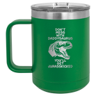 Personalized green 15 oz vacuum insulated coffee mug with etched 'Daddysaurus' design