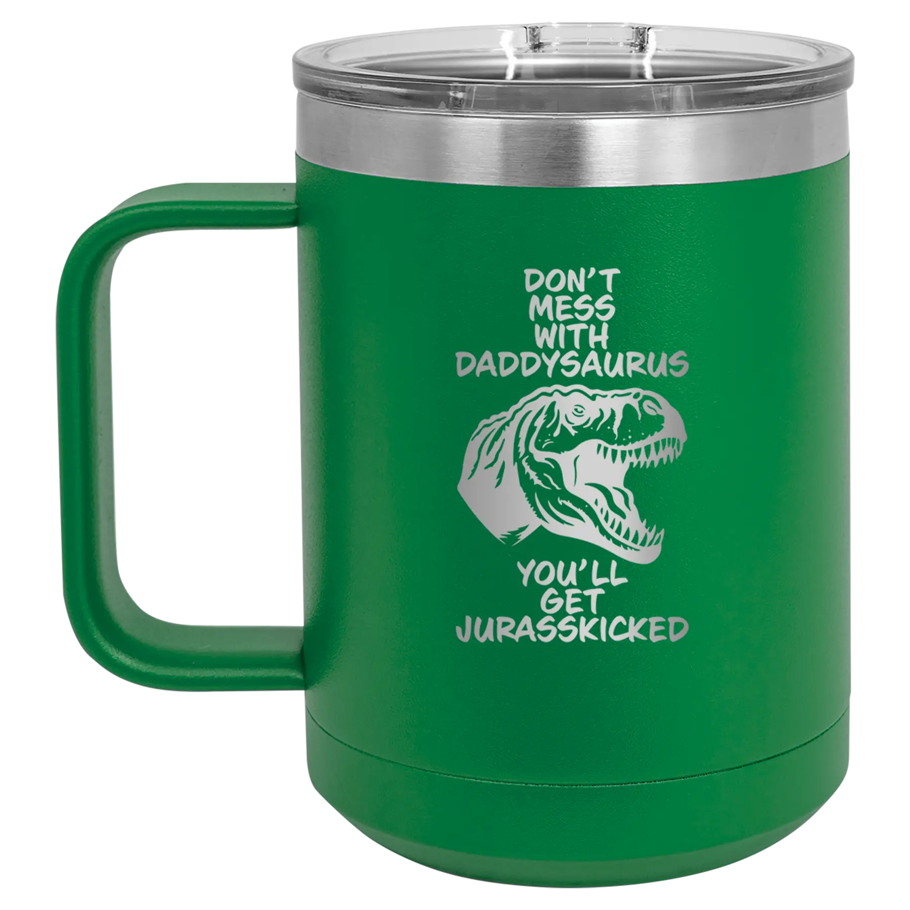 Personalized green 15 oz vacuum insulated coffee mug with etched 'Daddysaurus' design