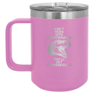 Personalized light purple 15 oz vacuum insulated coffee mug with etched 'Daddysaurus' design