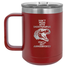 Personalized maroon 15 oz vacuum insulated coffee mug with etched 'Daddysaurus' design