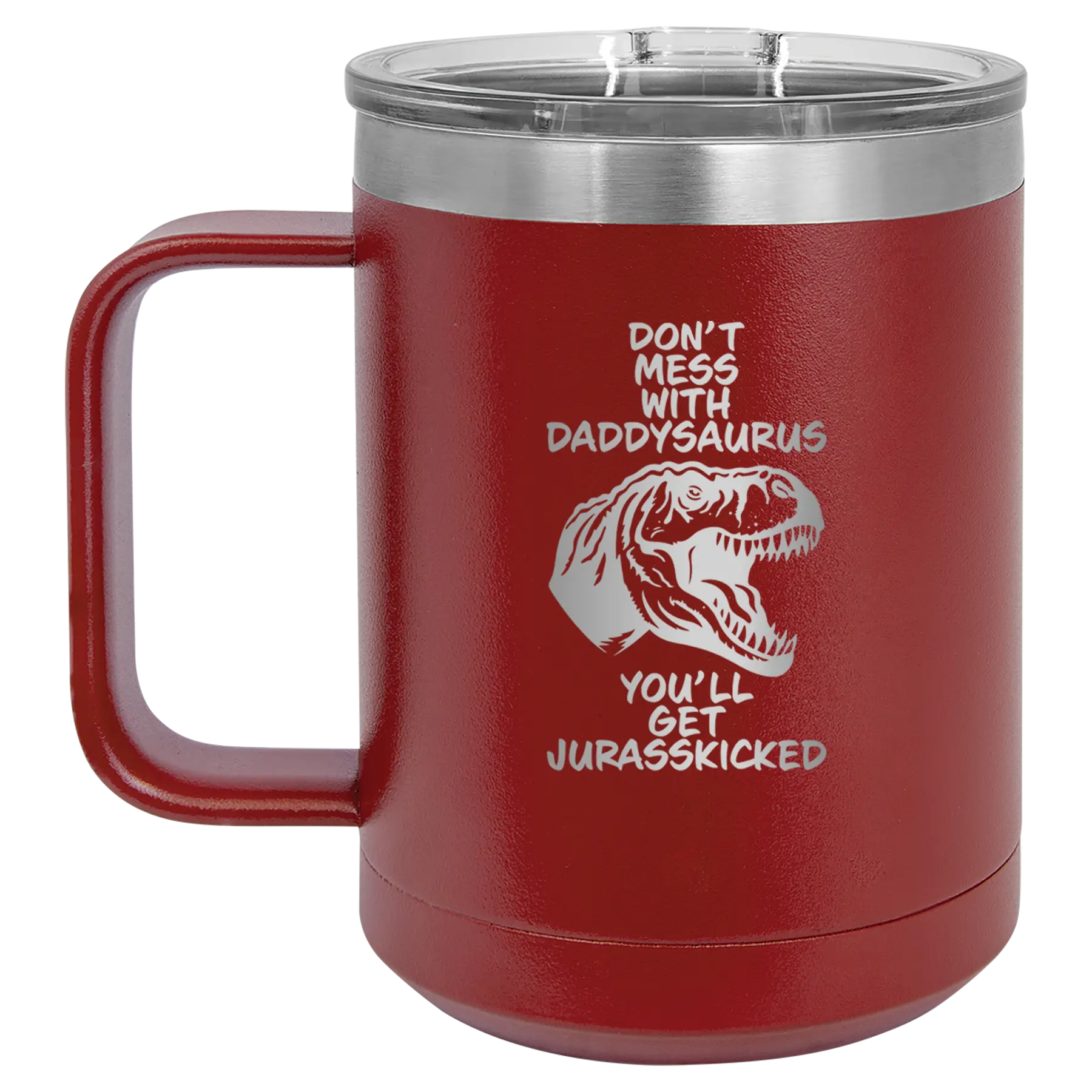 Personalized maroon 15 oz vacuum insulated coffee mug with etched 'Daddysaurus' design