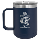 Personalized navy 15 oz vacuum insulated coffee mug with etched 'Daddysaurus' design
