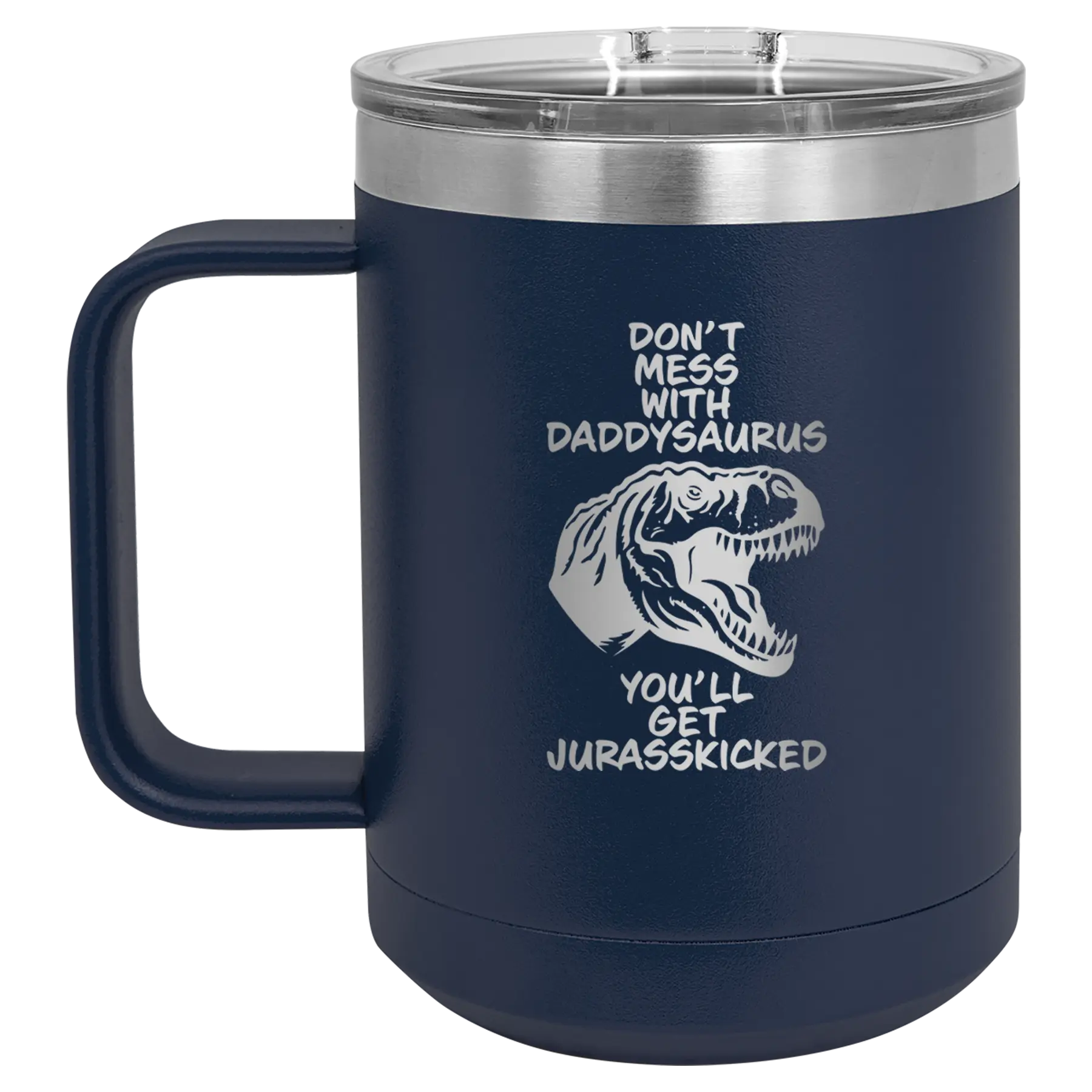 Personalized navy 15 oz vacuum insulated coffee mug with etched 'Daddysaurus' design