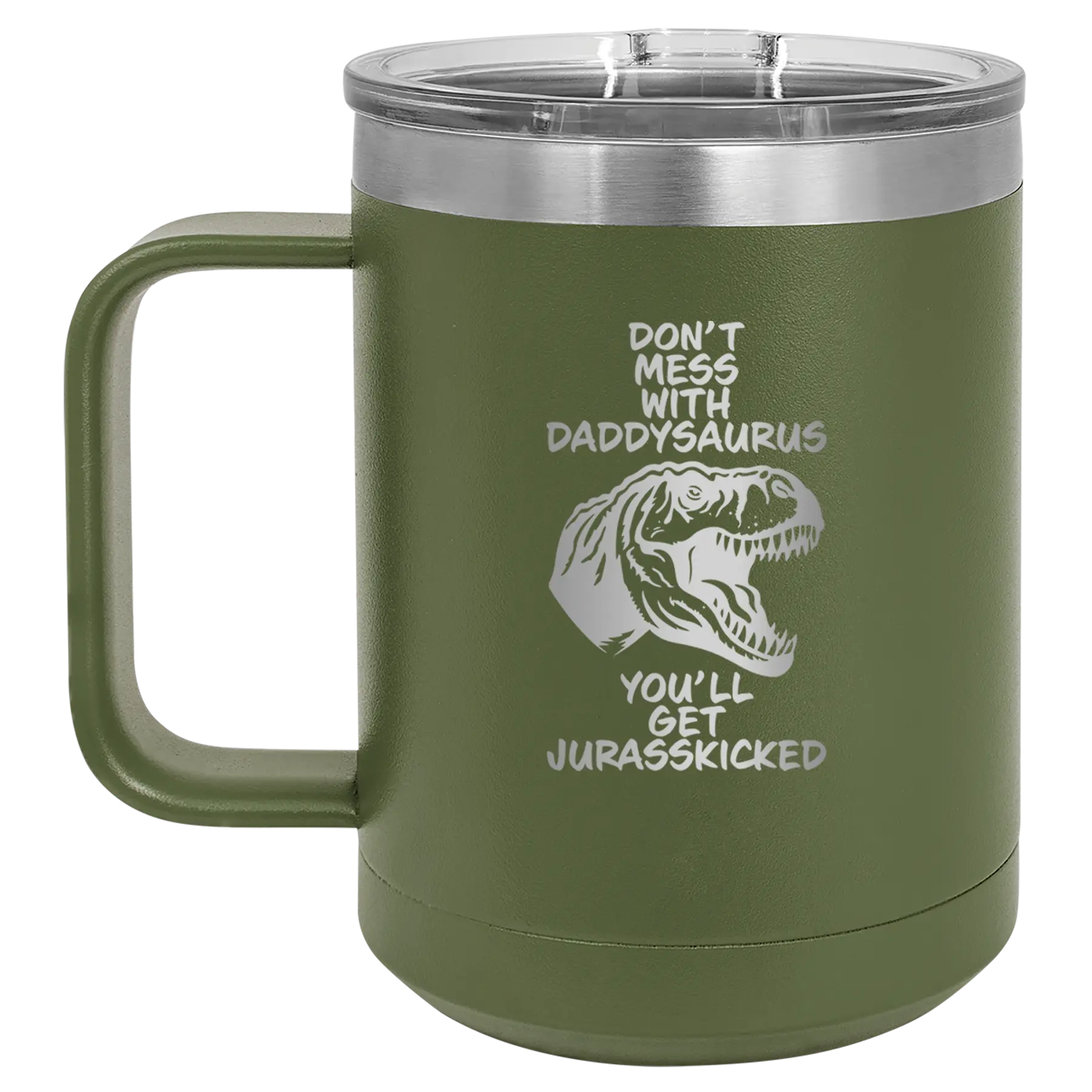 Personalized olive green 15 oz vacuum insulated coffee mug with etched 'Daddysaurus' design