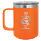 Personalized orange 15 oz vacuum insulated coffee mug with etched 'Daddysaurus' design