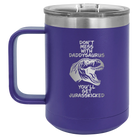 Personalized purple 15 oz vacuum insulated coffee mug with etched 'Daddysaurus' design