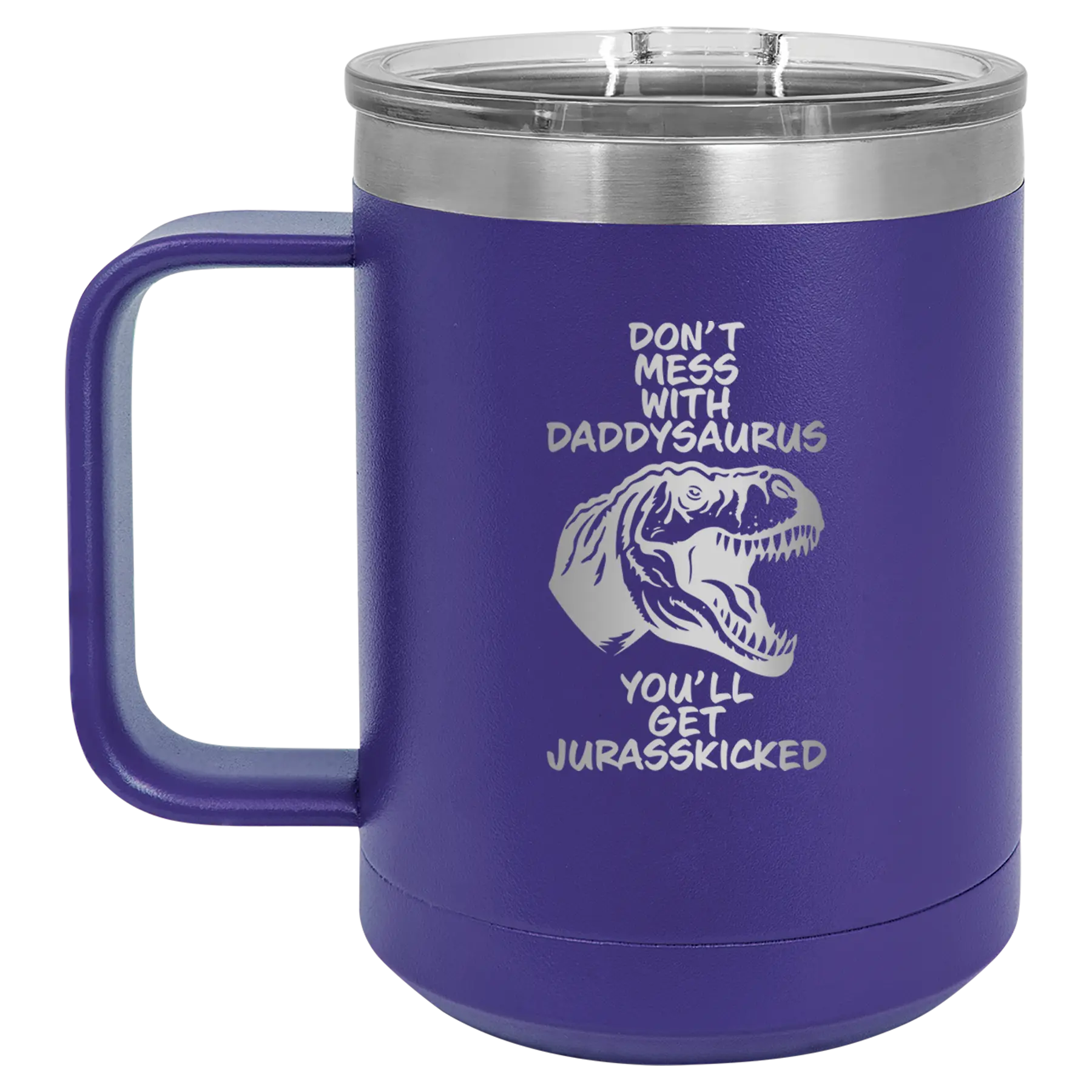Personalized purple 15 oz vacuum insulated coffee mug with etched 'Daddysaurus' design