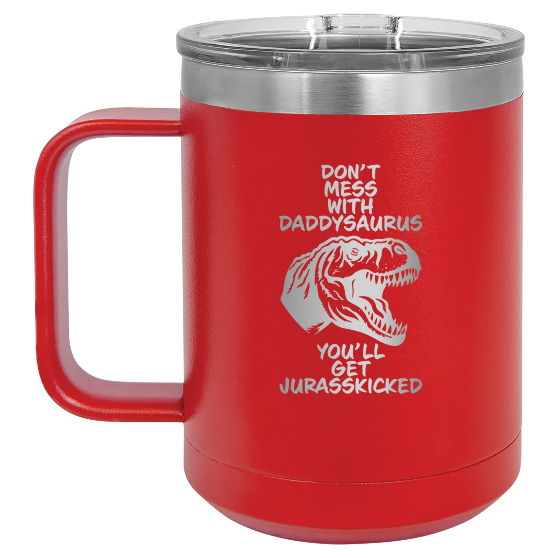 Personalized red 15 oz vacuum insulated coffee mug with etched 'Daddysaurus' design