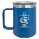 Personalized royal blue 15 oz vacuum insulated coffee mug with etched 'Daddysaurus' design