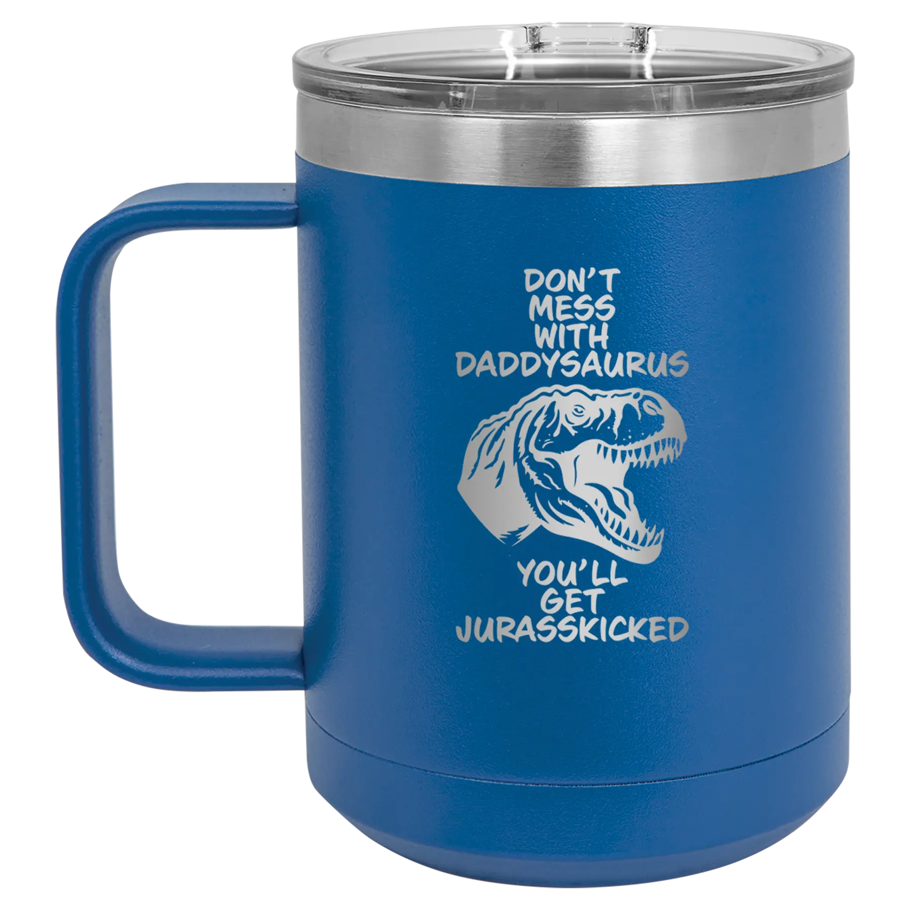 Personalized royal blue 15 oz vacuum insulated coffee mug with etched 'Daddysaurus' design