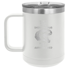 Personalized white 15 oz vacuum insulated coffee mug with etched 'Daddysaurus' design