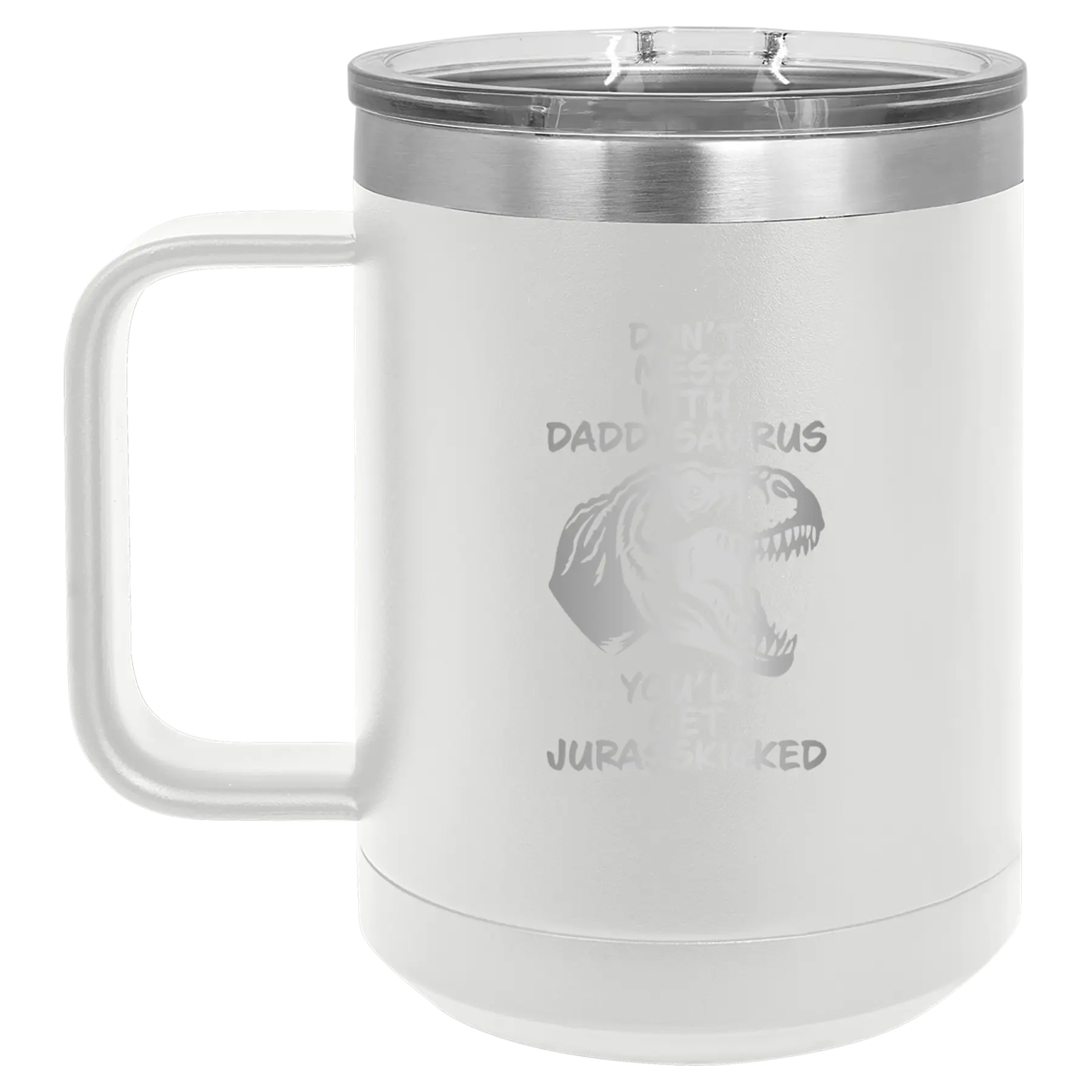 Personalized white 15 oz vacuum insulated coffee mug with etched 'Daddysaurus' design