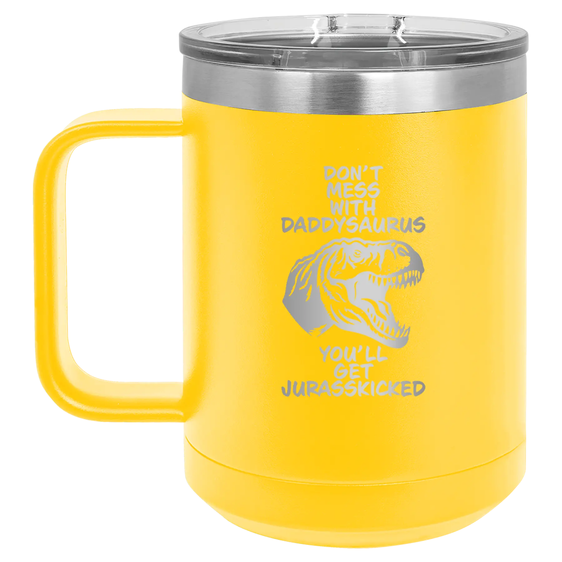 Personalized yellow 15 oz vacuum insulated coffee mug with etched 'Daddysaurus' design